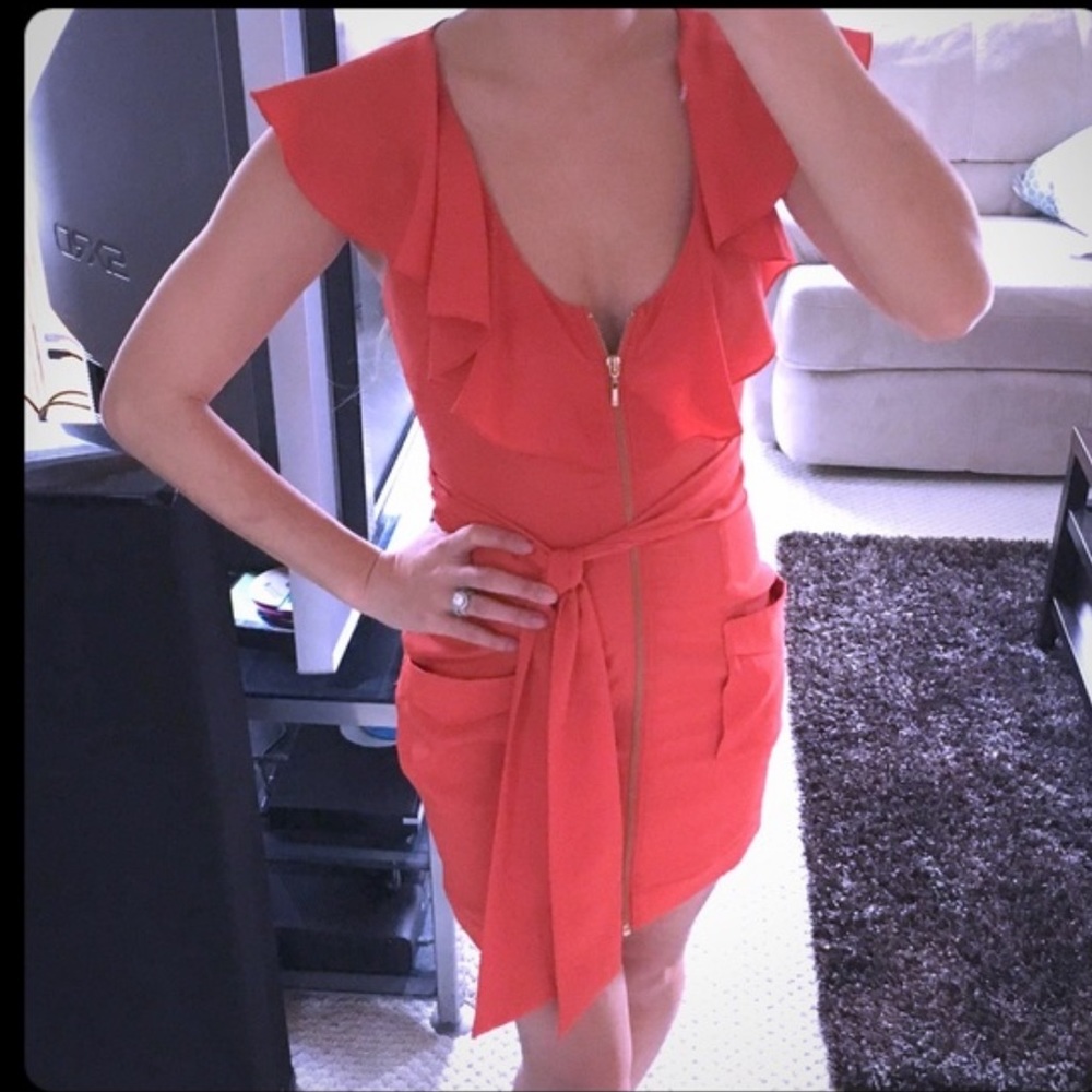 BEBE ZIP SILKY RUFFLE DRESS